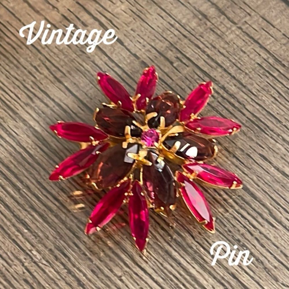 Vintage Floral Rhinestone Pin Red, Purple and Pin